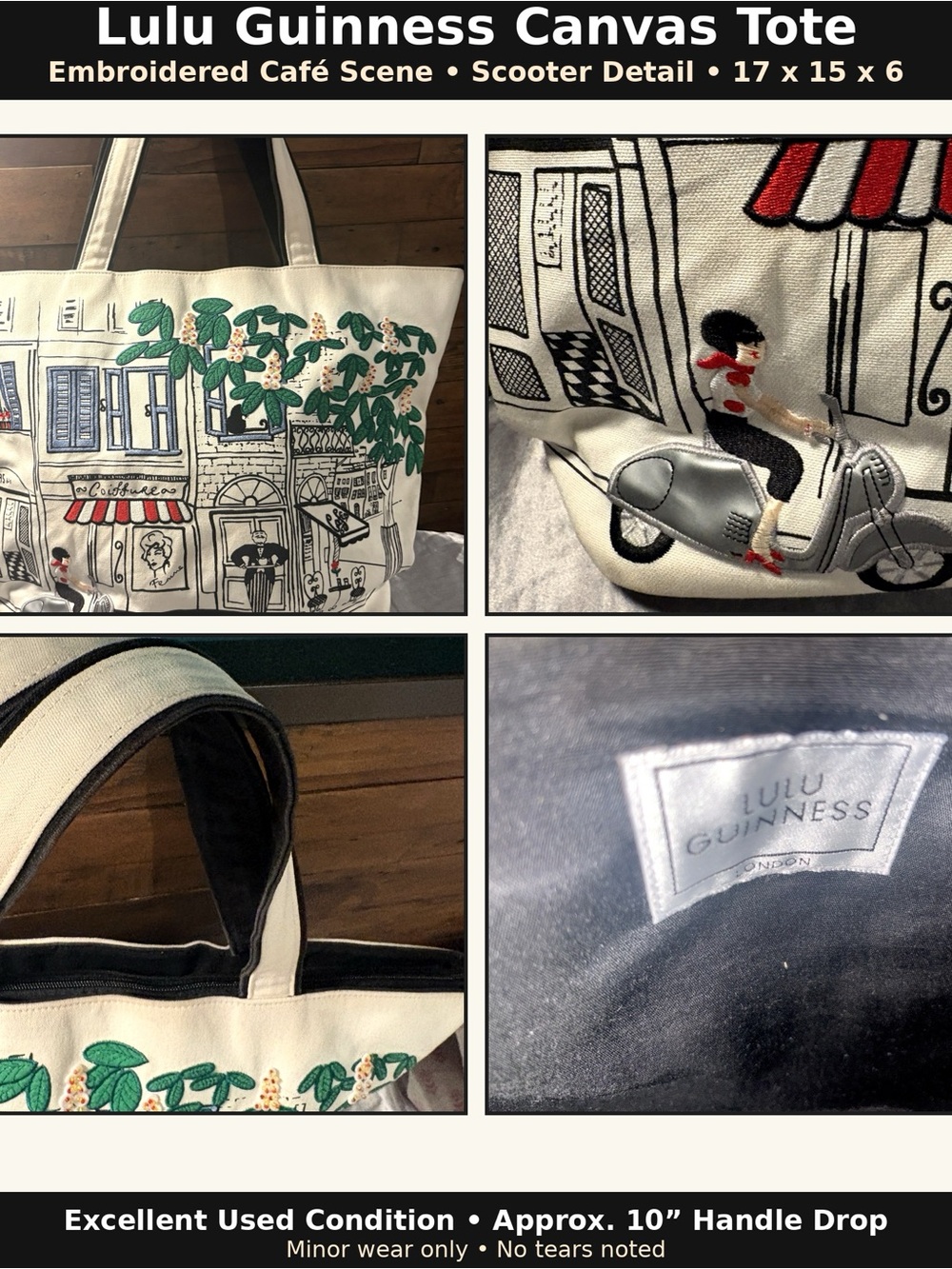 Lulu Guinness London Embroidered Café Scene Canvas Tote Bag Scooter Detail - Picture 3 of 11
